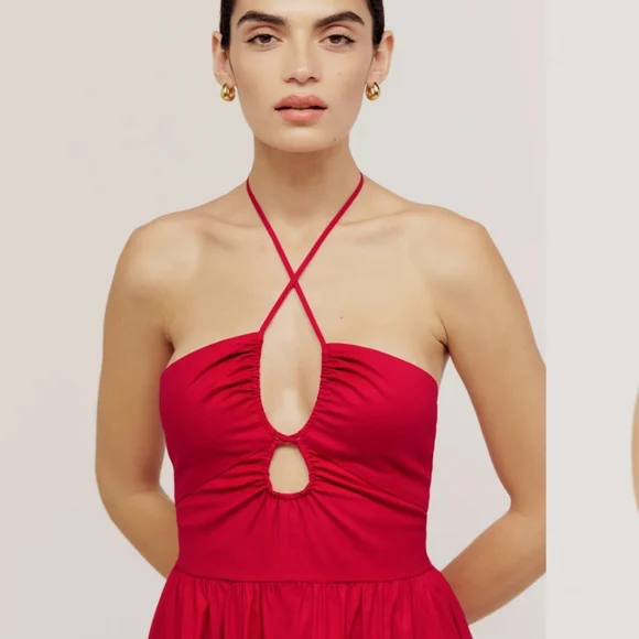 Reformation Stassie Sleeveless Halter Tie Midi Dress in Cherry Red - Picture 2 of 16